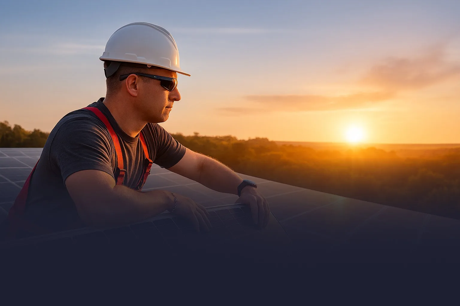 Elektriker auf einem Dach bei Sonnenuntergang